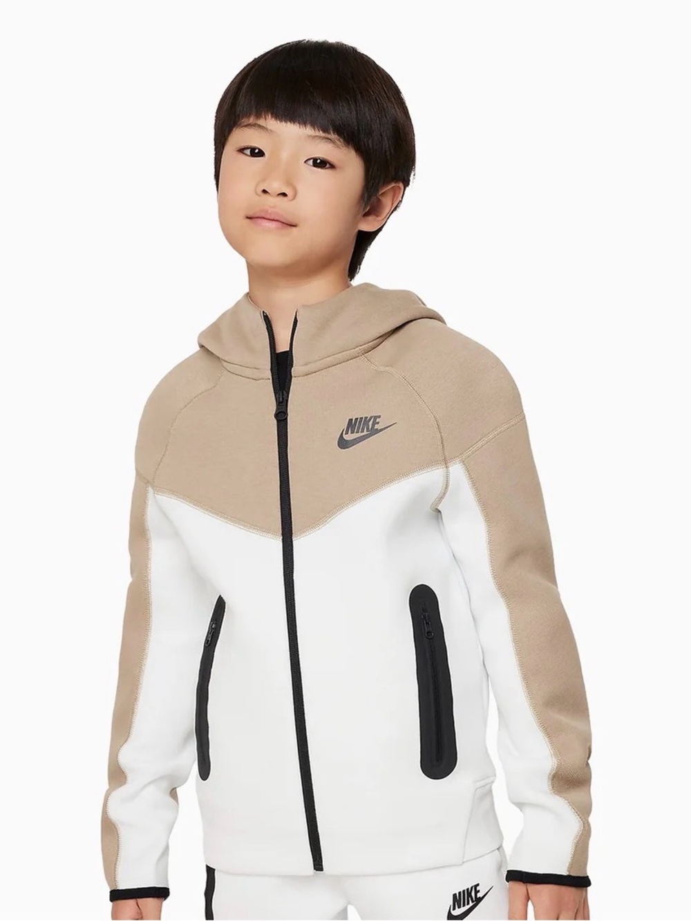 Nike Kids Colorblock Full-Zip Hoodie in White & Tan